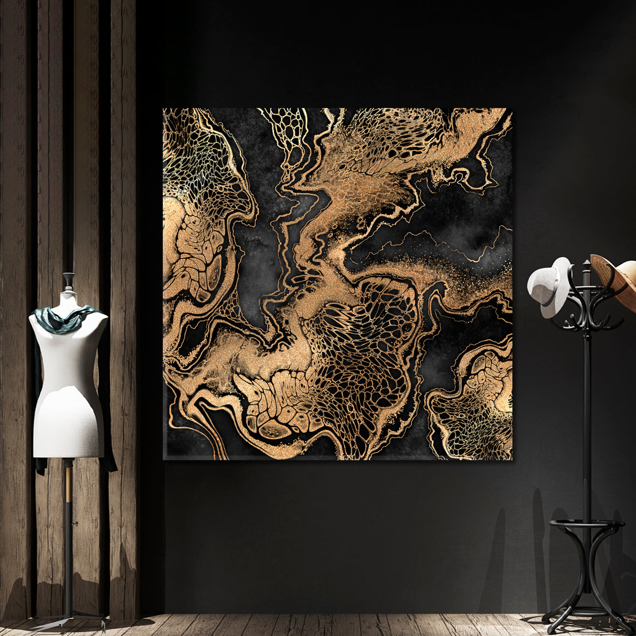 BLACK WITH GOLD EFFECT Marble Swirls Luxury Pattern Trendy Canvas Print - Square Abstract Art Print Artesty   