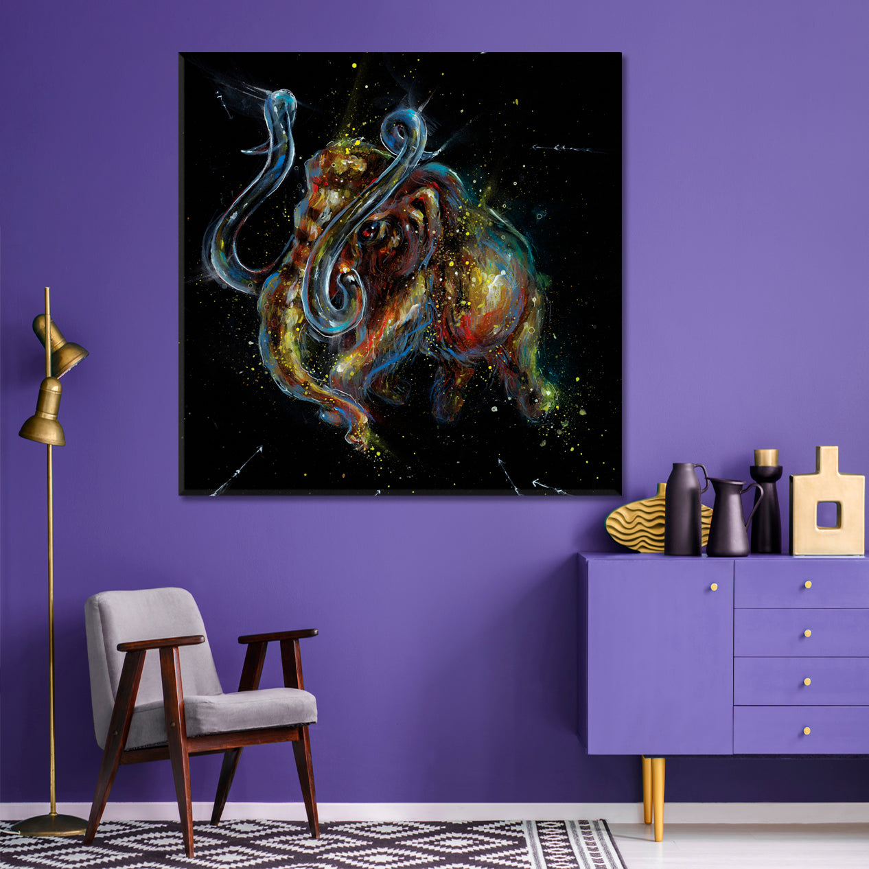 Golden Mammoth Representing Wealth Fantasy Animal Drip Paint Vivid on Black Canvas Print - Square Panel Contemporary Art Artesty   