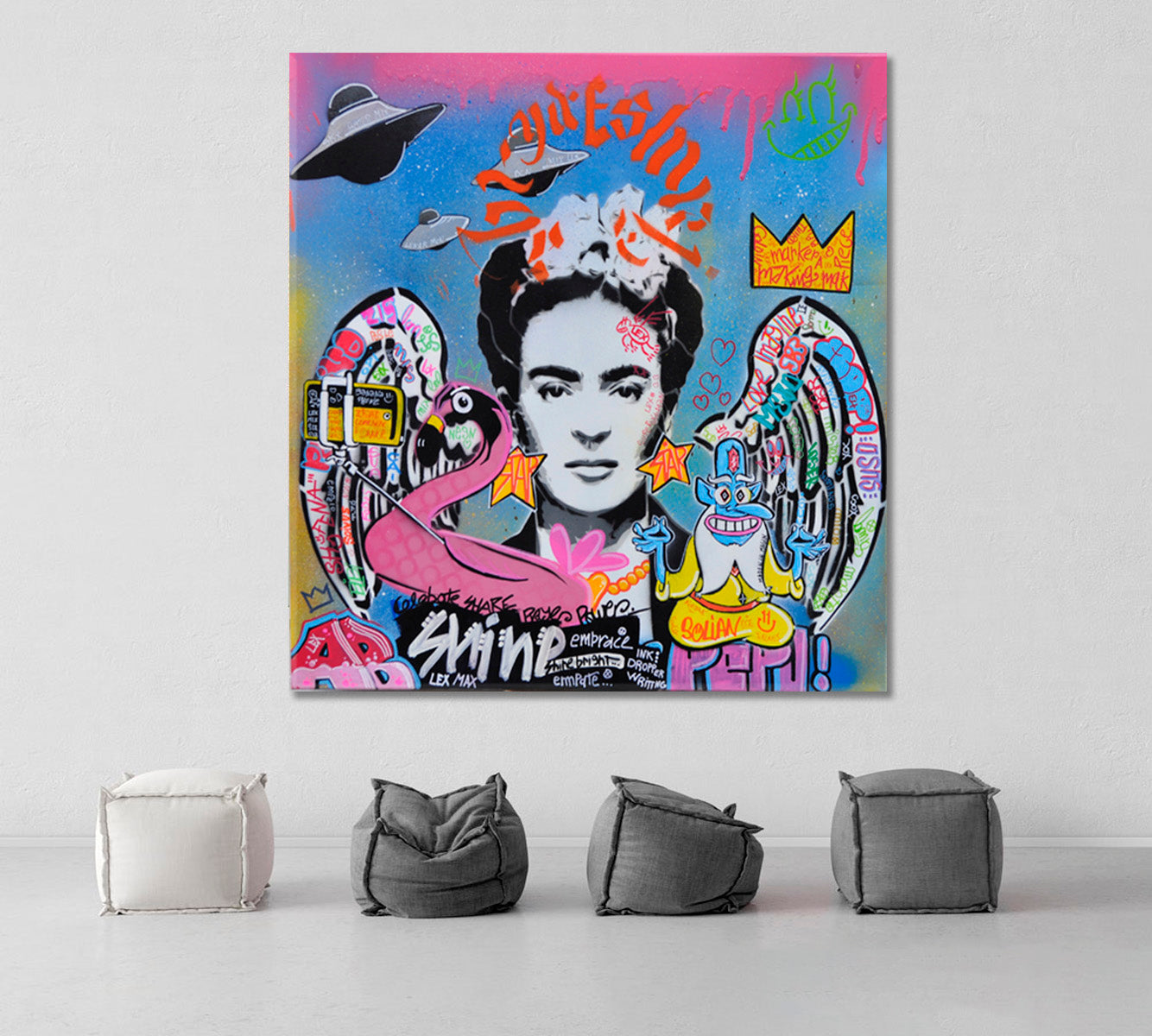 GRAFFITI Frida Kahlo Abstract Vivid Art Basquiat Style Basquiat Crown - Square Panel Contemporary Art Artesty   