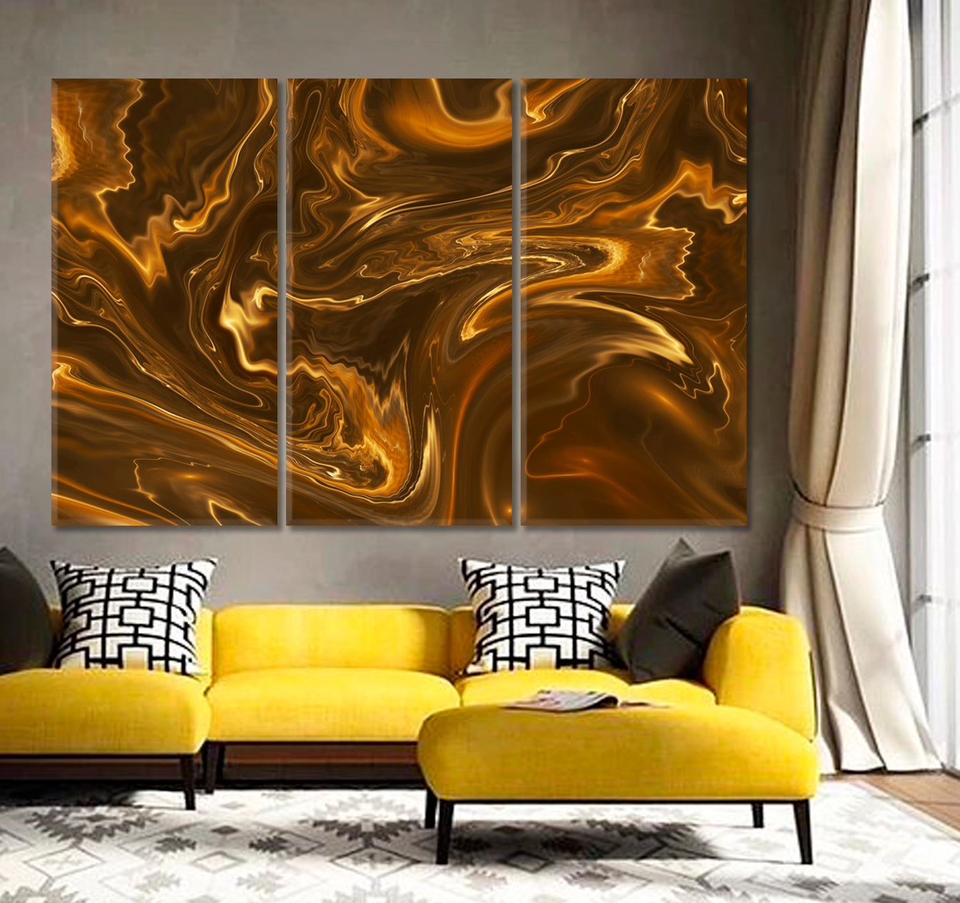 Brown Marble Abstract Colorful Wavy Fluid Art, Oriental Marbling Canvas Print Artesty   