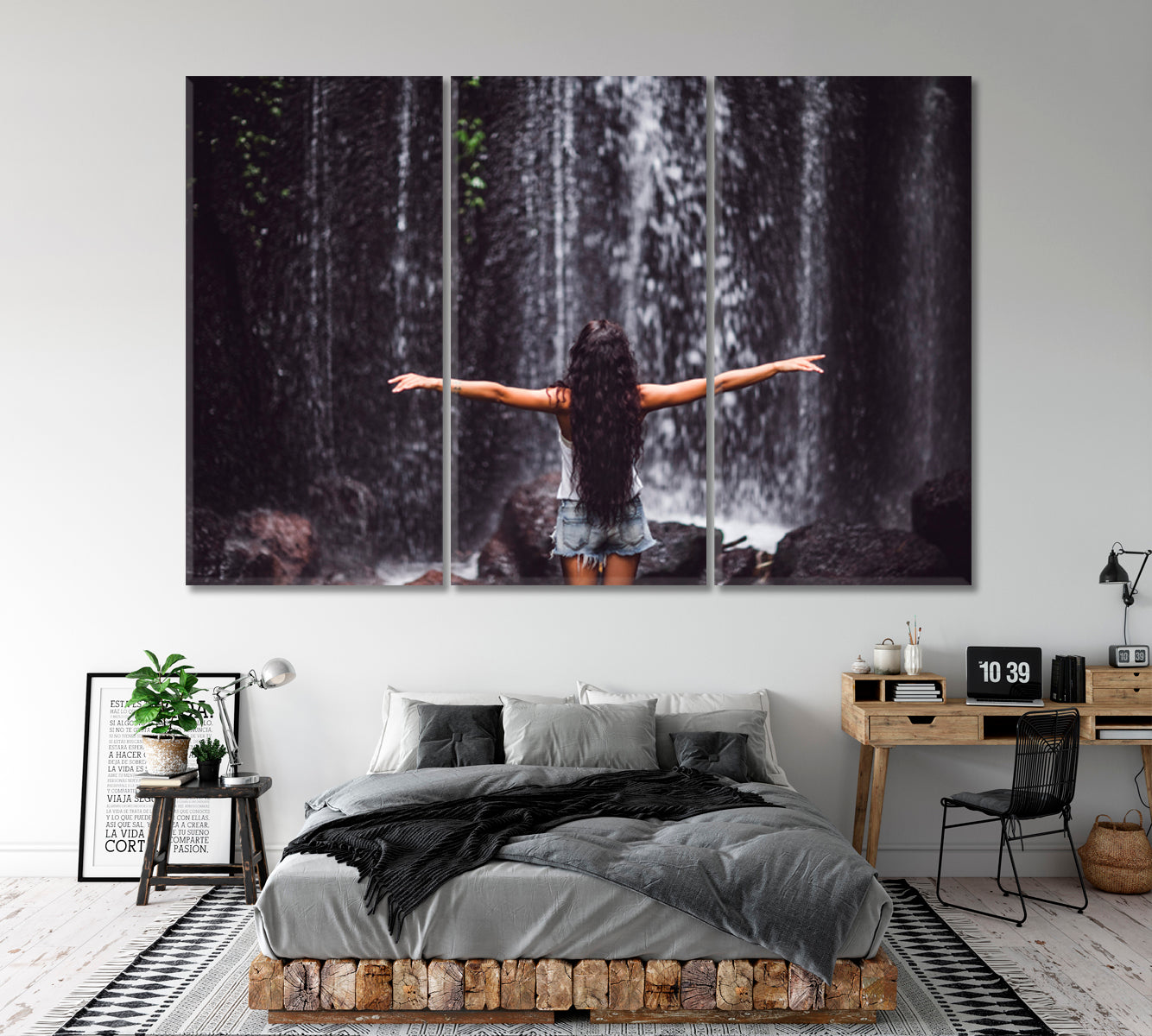 UNDER WATERFALL Cascade Tropical Rainforest Nature Beautiful Girl Nature Wall Canvas Print Artesty 3 panels 36" x 24" 