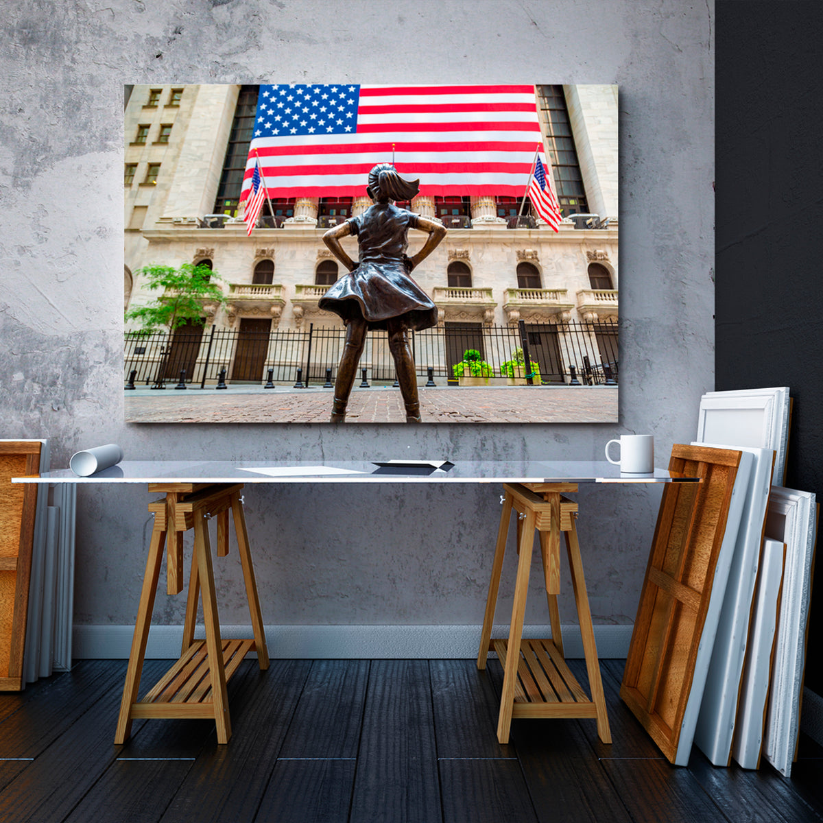 Fearless Girl American Flag New York Stock Exchange Building Cities Wall Art Artesty 1 panel 24" x 16" 