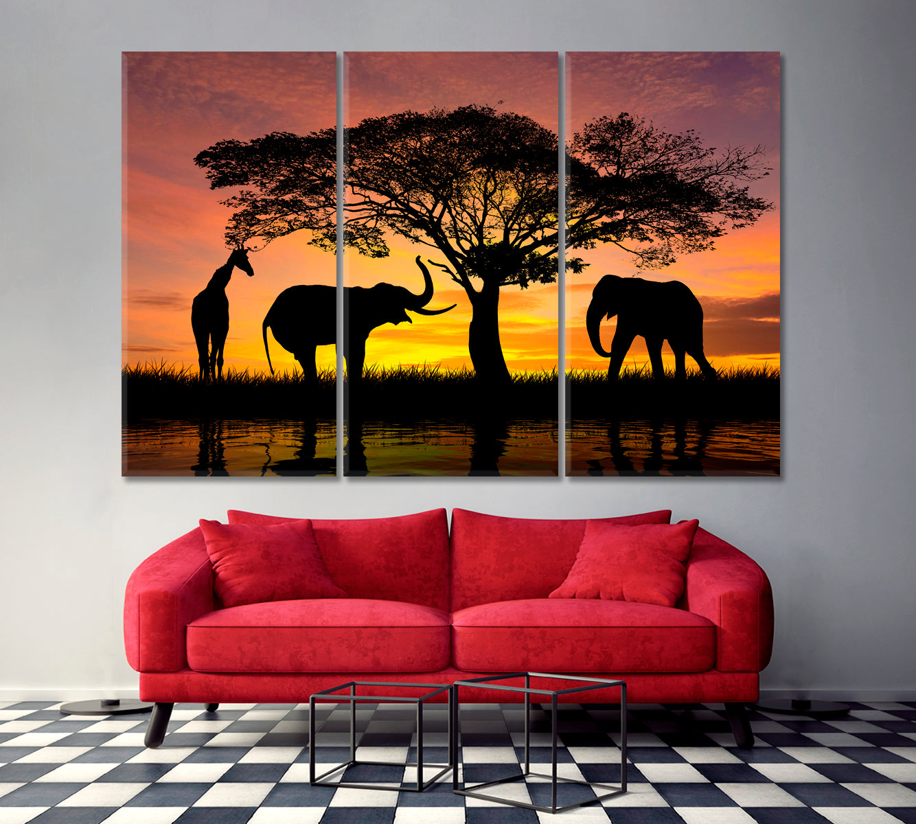 AFRICA SAFARI Savannah Sunset Scenery Countries Canvas Print Artesty 3 panels 36" x 24" 