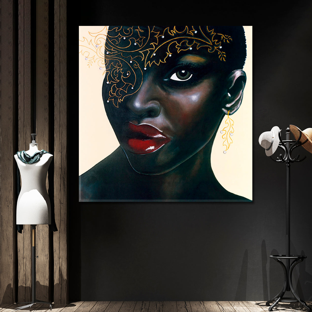 HOT CHOCOLATE  Stunning African Women Red Lips Canvas Print - Square Panel African Style Canvas Print Artesty   