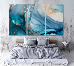 Marble Texture Blue Translucent Flow Ink Malachite Powder Fluid Art, Oriental Marbling Canvas Print Artesty 3 panels 36" x 24" 