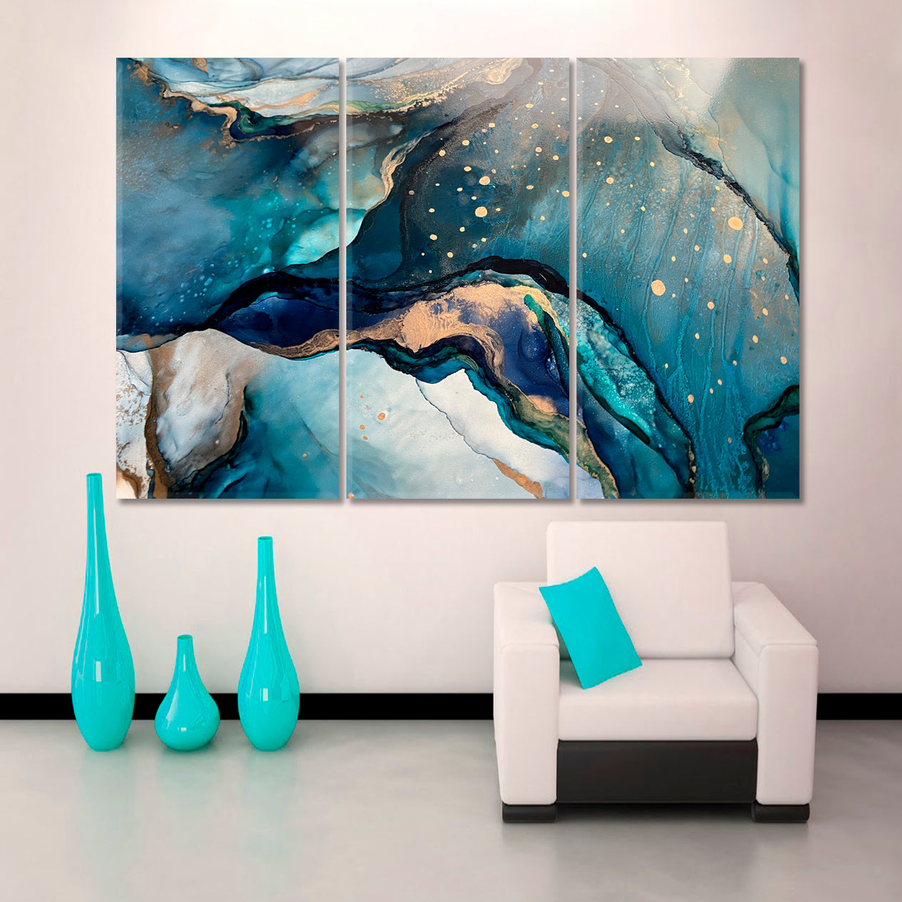 EMERALD SEA WAVES Marble Stunning Turquoise Light Blue Abstract Fluid Art, Oriental Marbling Canvas Print Artesty 3 panels 36" x 24" 