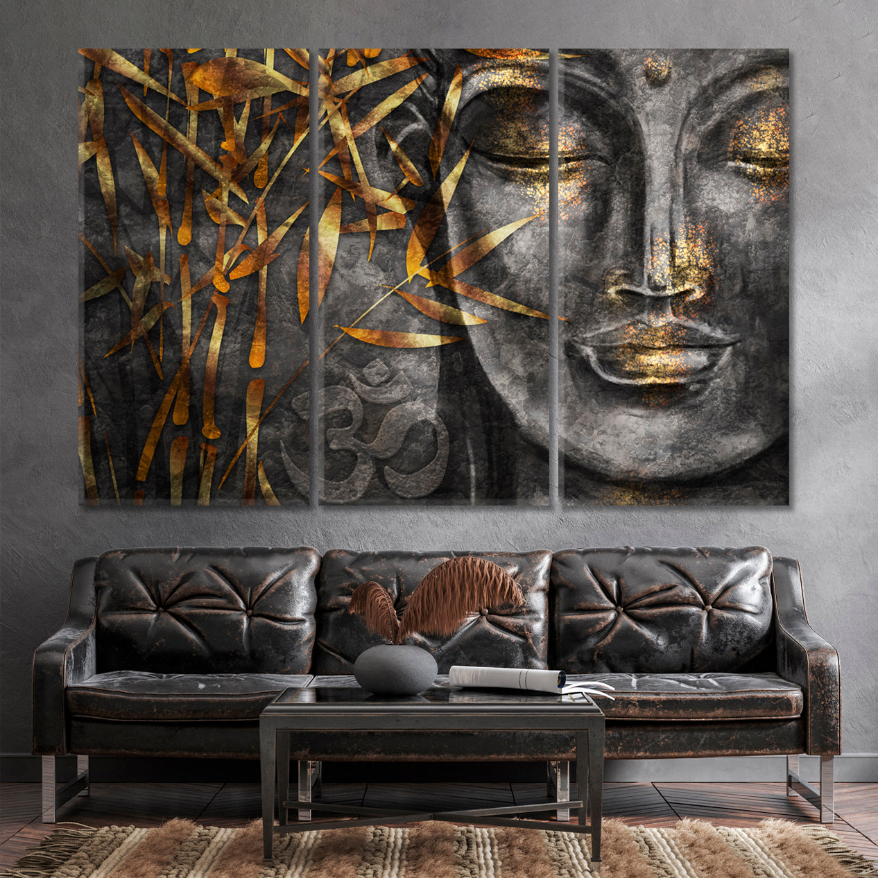 Buddha Om Aum Sacred Spiritual Incantation Religious Modern Art Artesty 3 panels 36" x 24" 