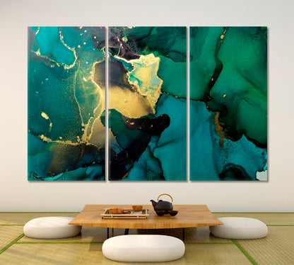 Luxury Abstract Fluid Art Painting Alcohol Ink Green and Gold Fluid Art, Oriental Marbling Canvas Print Artesty   