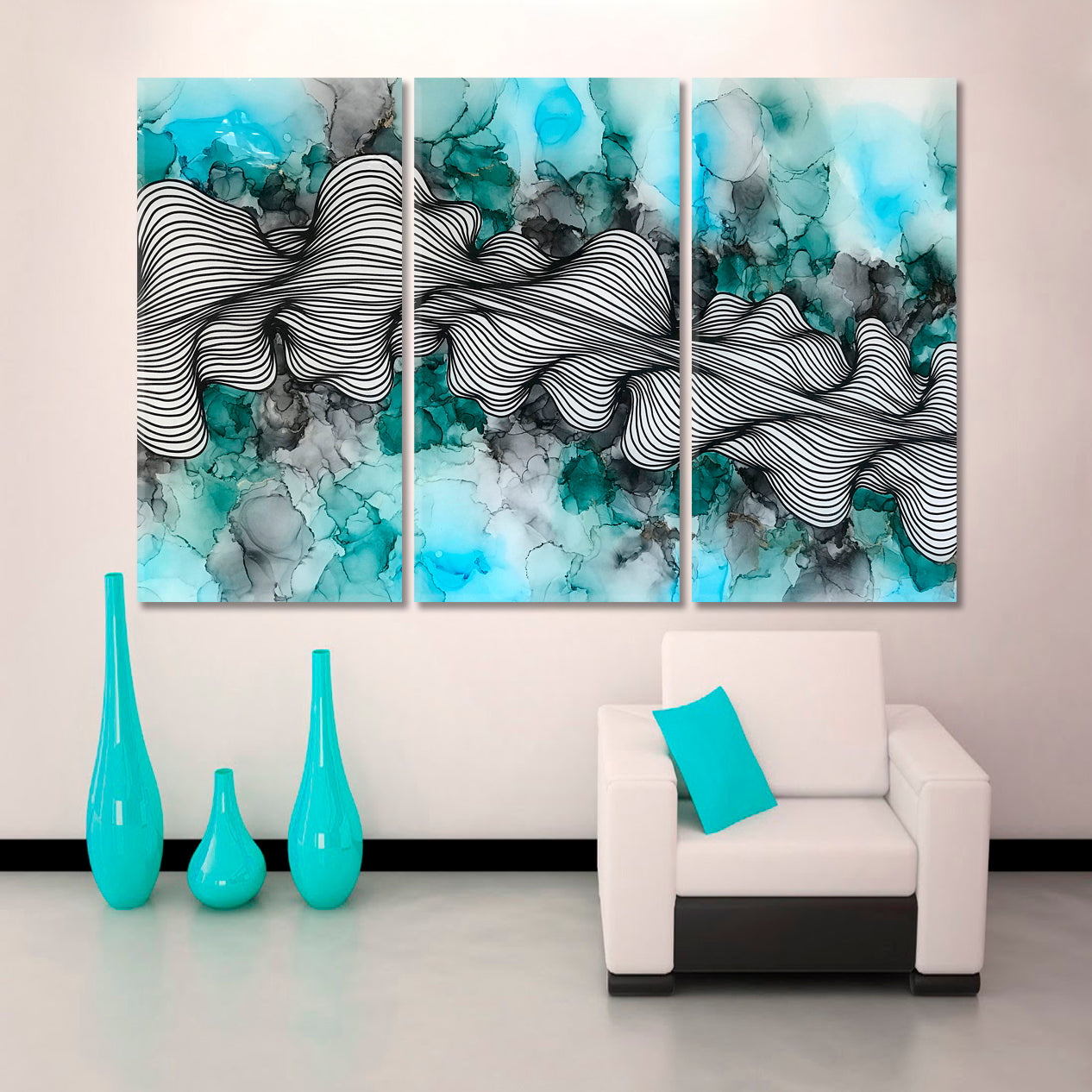 Turquoise Wave Modern Fluid Art Fluid Art, Oriental Marbling Canvas Print Artesty 3 panels 36" x 24" 