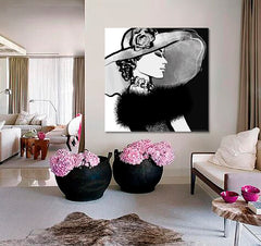 ELEGANT Beautiful Young Woman With Hat and Fur Black And White  - Square Panel Black and White Wall Art Print Artesty 1 Panel 46"x46" 
