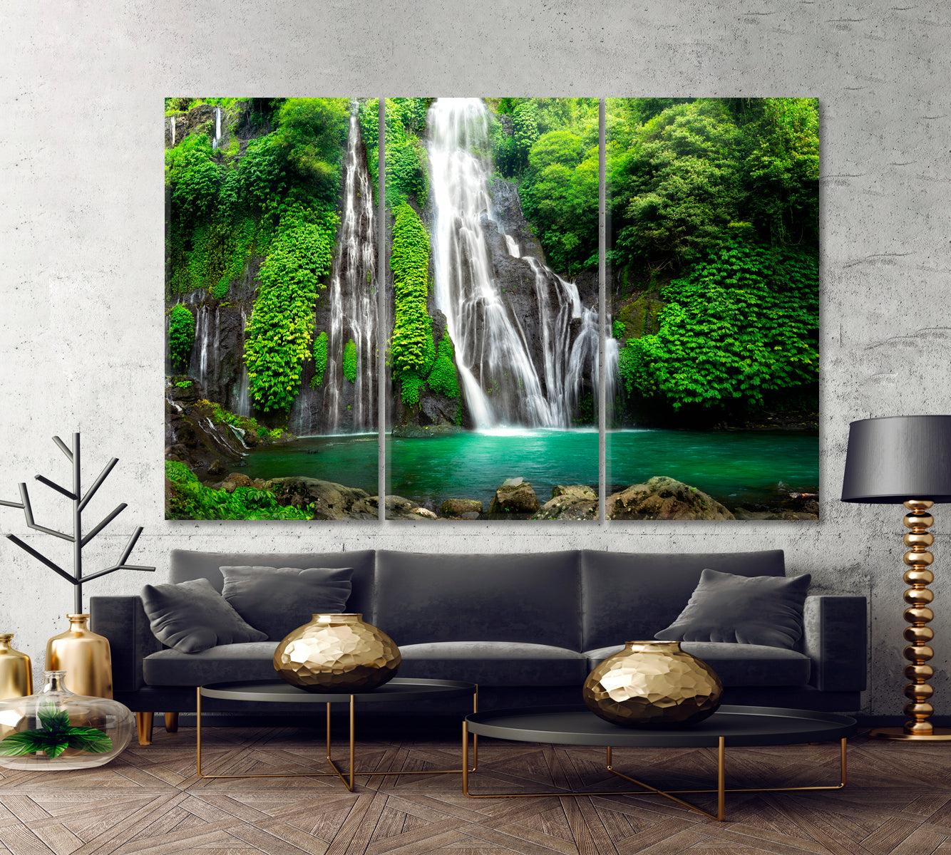 Banyumala Jungle Waterfall Cascade Tropical Rainforest Turquoise Blue Pond Scenery Landscape Fine Art Print Artesty 3 panels 36" x 24" 