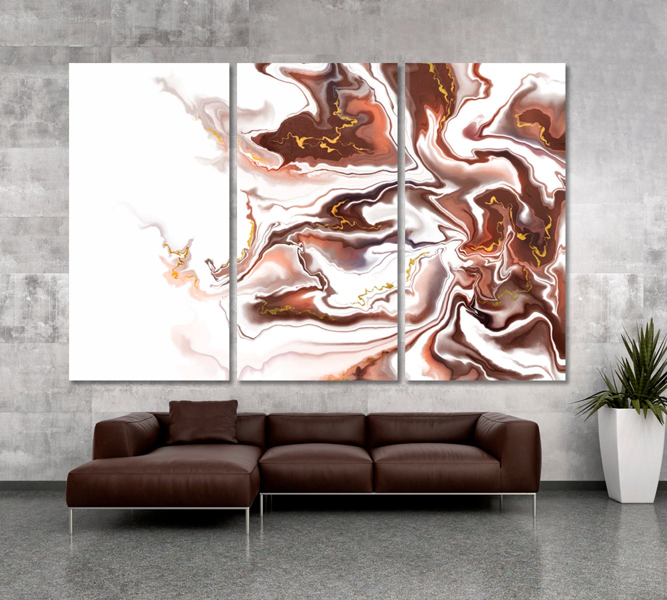 Brown Abstract Wavy Forms Futuristic Pattern Fluid Art, Oriental Marbling Canvas Print Artesty 3 panels 36" x 24" 