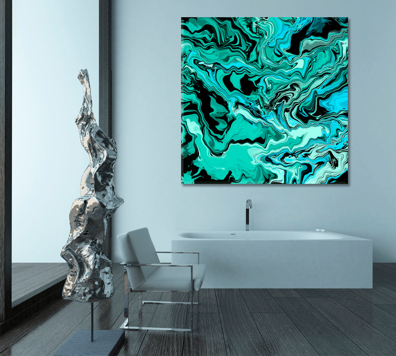 MARBLING Abstract Turquoise Black Waves Fluid Art, Oriental Marbling Canvas Print Artesty   