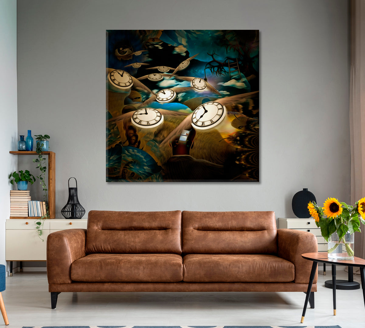 FLOW OF TIME Lord Eye And Winged Clocks Surreal Painting Surreal Fantasy Large Art Print Décor Artesty 1 Panel 12"x12" 