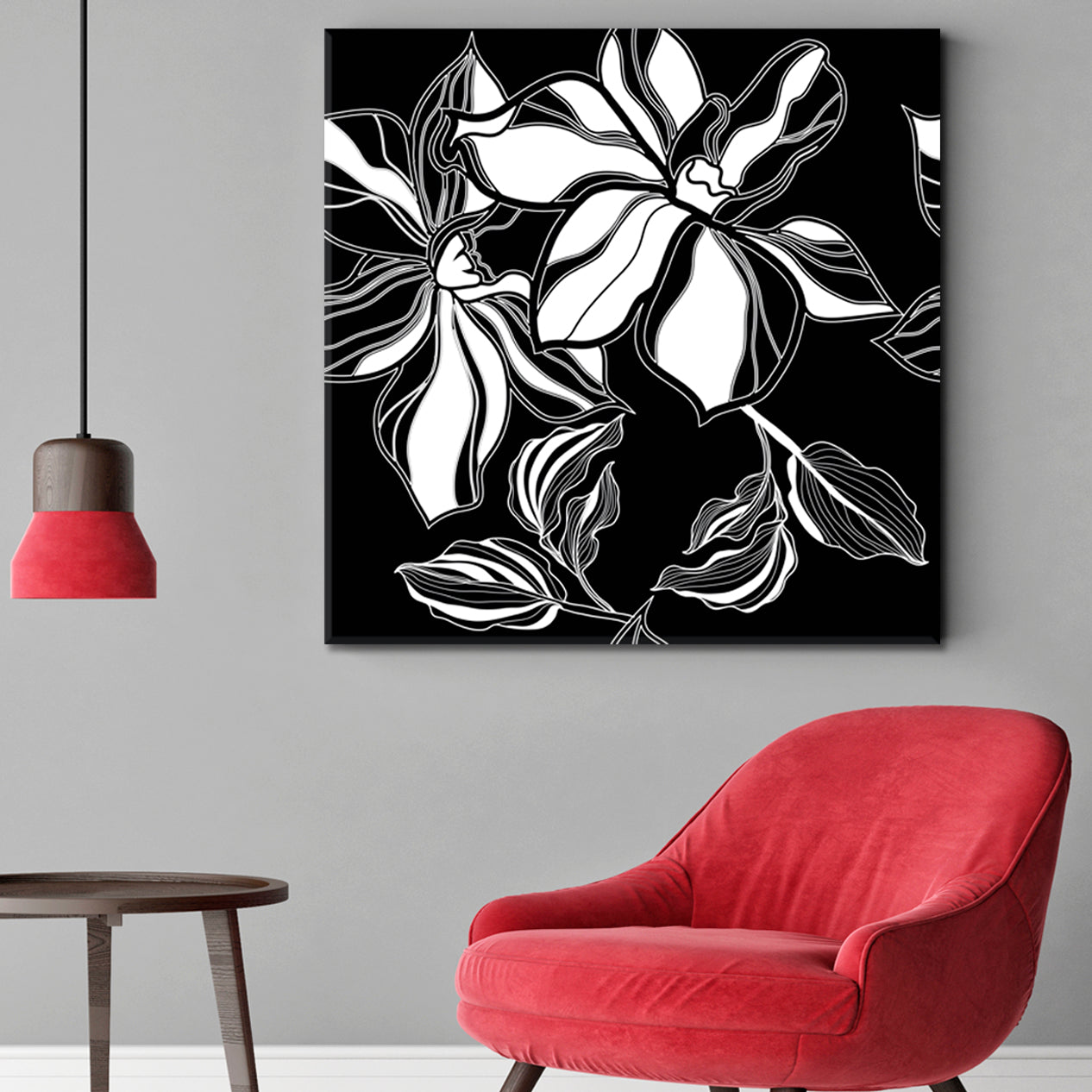Black And White Floral Pattern Flowers Leafs Floral & Botanical Split Art Artesty   