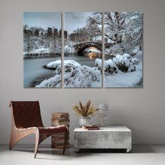 Central Park New York City Gapstow Bridge Winter Snow Storm Scenery Landscape Fine Art Print Artesty 3 panels 36" x 24" 
