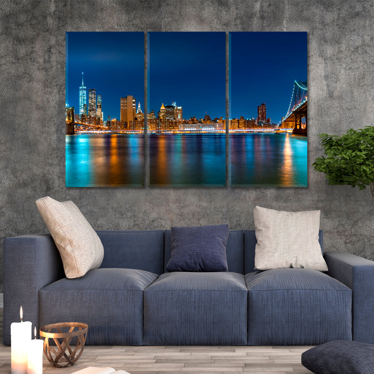 New York City Night Skyline Panorama Cities Wall Art Artesty 3 panels 36" x 24" 