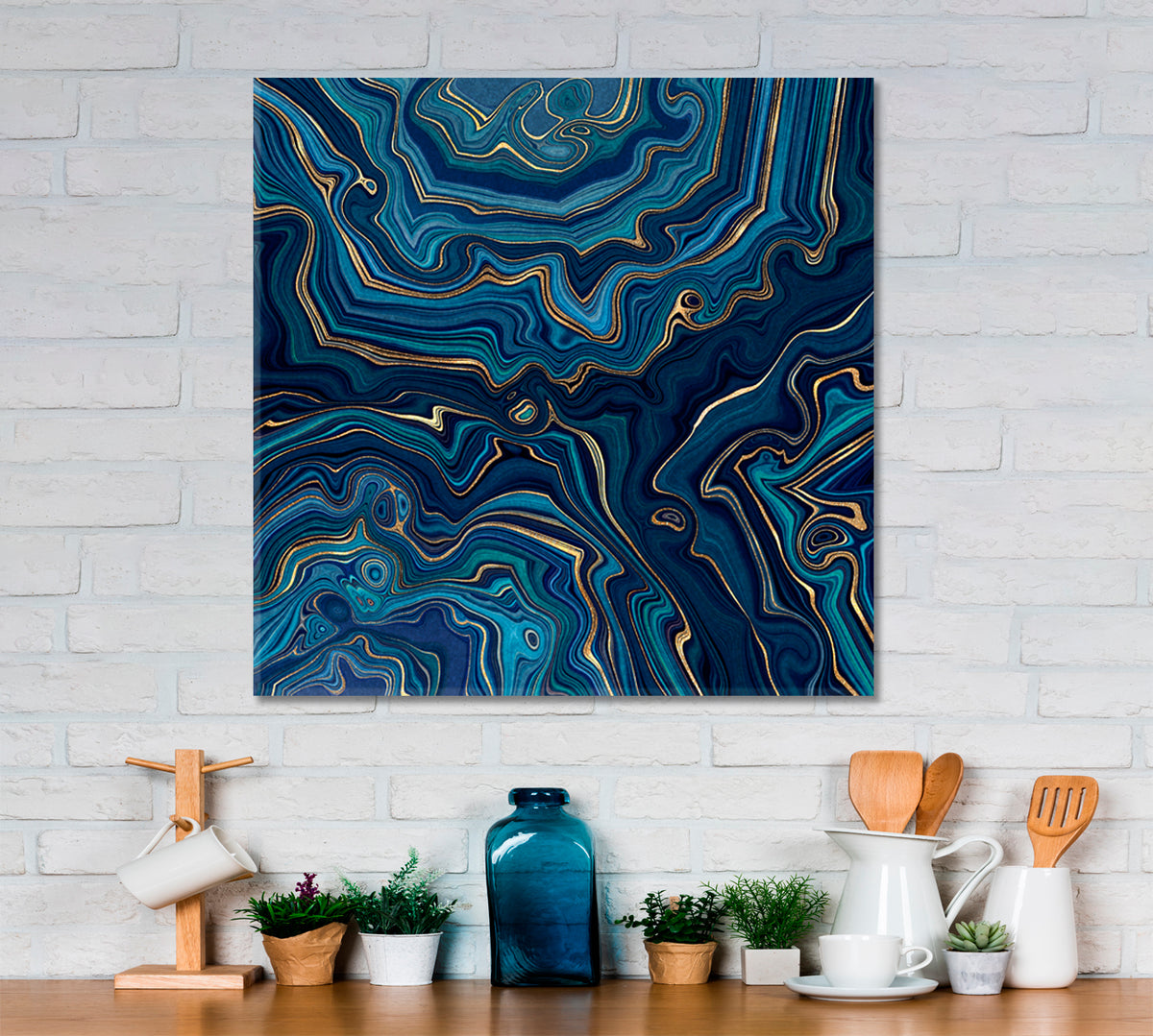 Dark Blue And Gold Abstract Marble Effect Canvas Print - Square Abstract Art Print Artesty 1 Panel 12"x12" 
