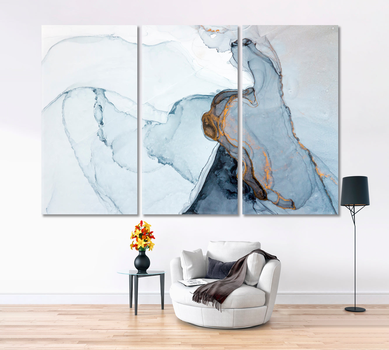 Ink Veins Pattern Abstract Design Soft Gray Blue Colors Fluid Art, Oriental Marbling Canvas Print Artesty 3 panels 36" x 24" 