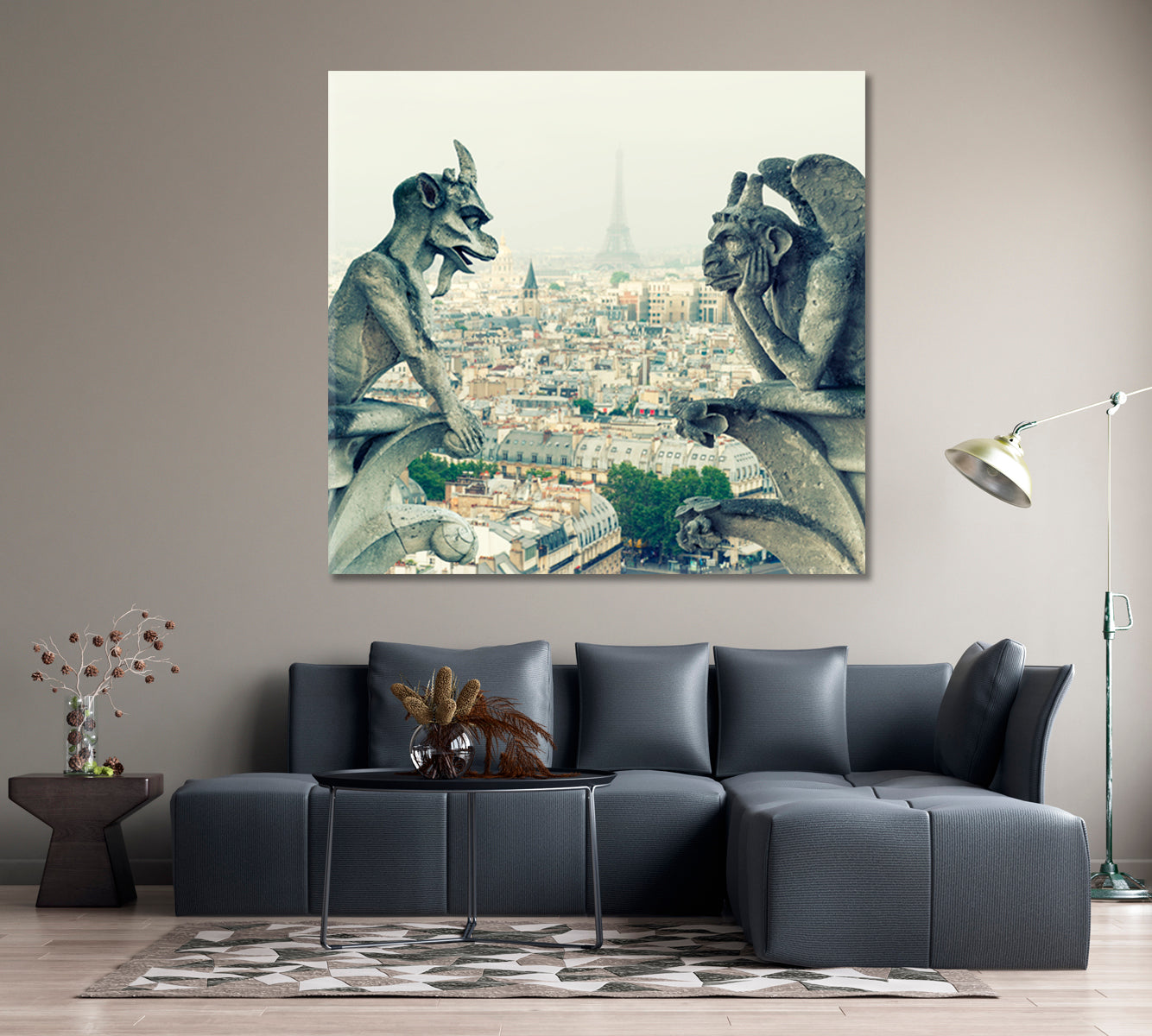 Gargoyle and Chimera from Notre Dame de Paris Vintage Style Canvas Print | Square Panel Cities Wall Art Artesty 1 Panel 12"x12" 