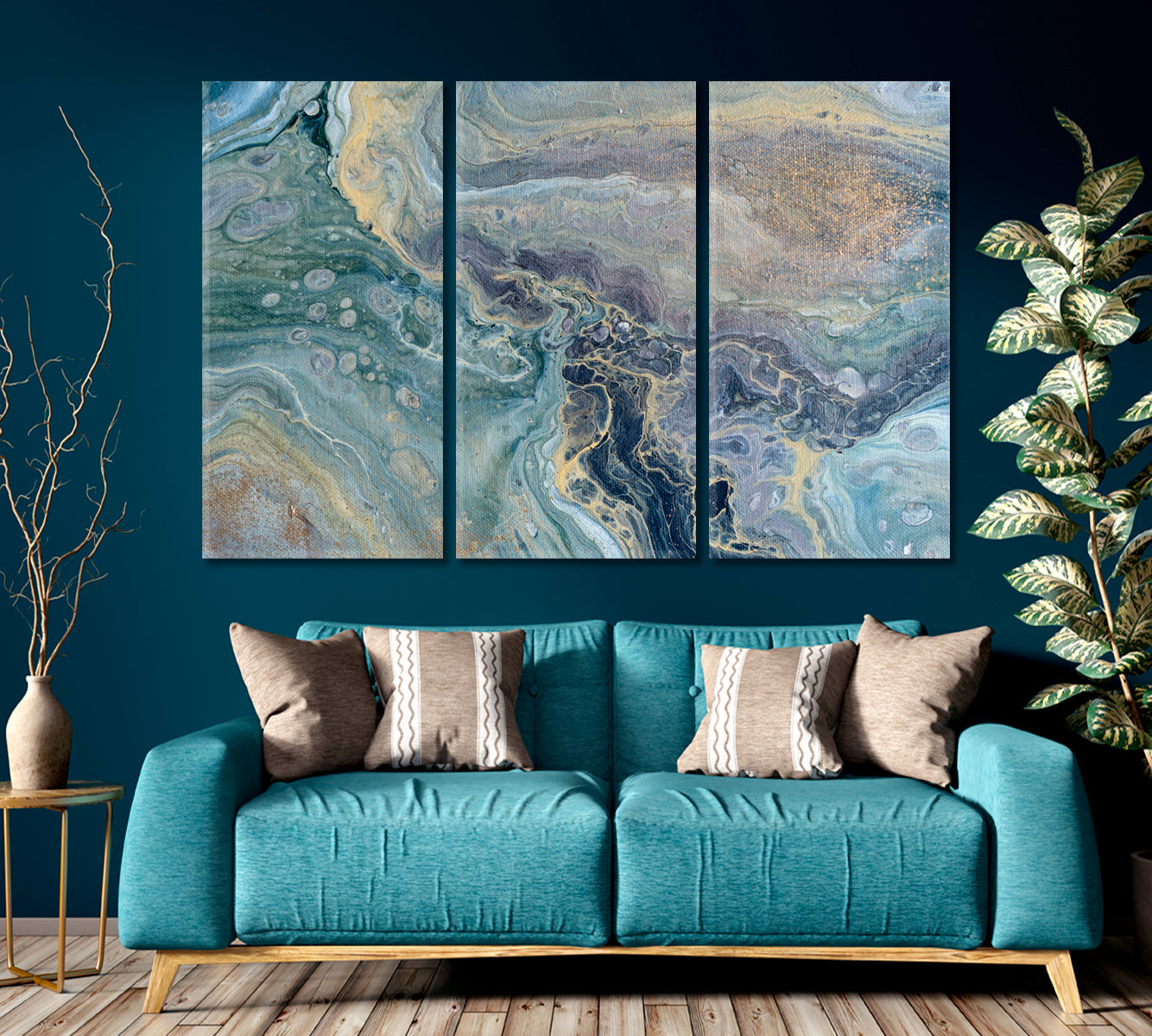 ACRYLIC MIX Abstract Flow Marble Sky Blue Fluid Art, Oriental Marbling Canvas Print Artesty 3 panels 36" x 24" 