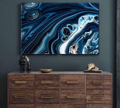 Black Navy Blue Swirling Flows Fluid Acrylic Abstract Iridescent Marble Effect Fluid Art, Oriental Marbling Canvas Print Artesty   