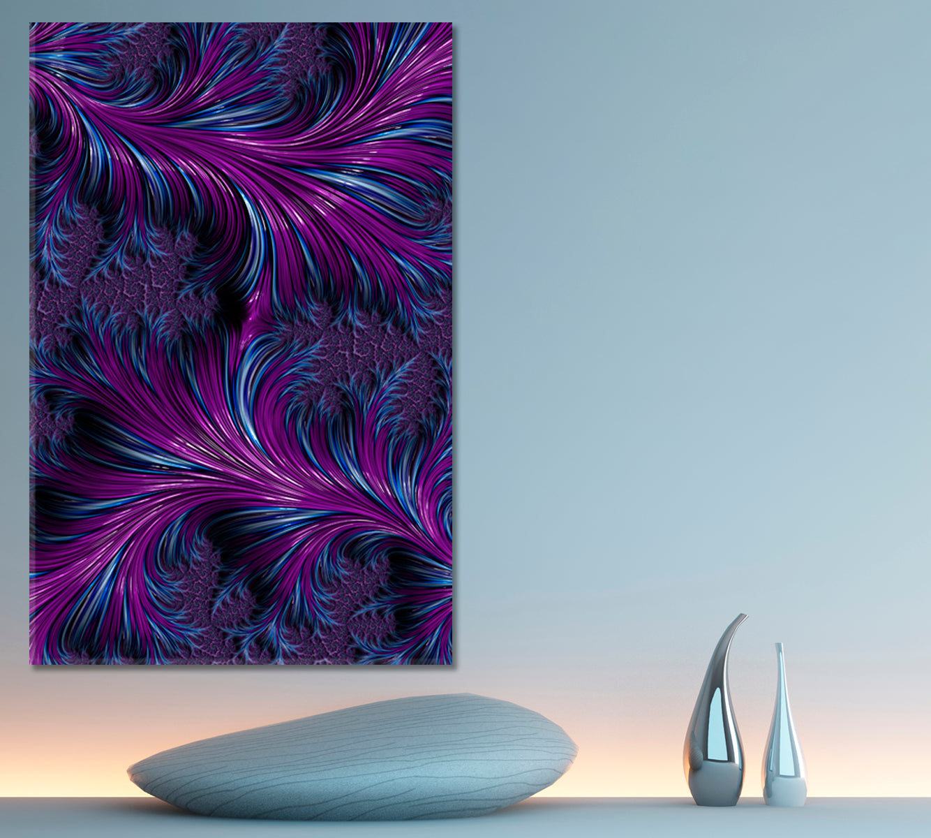 Abstract Fractal Spiral Swirls Purple Turquoise Blue Feathers Punchy Ultraviolet Canvas Print - Vertical Abstract Art Print Artesty   