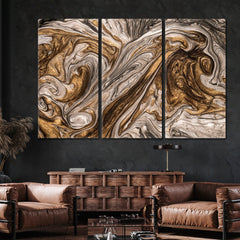 SENSATIONS | Abstract Fluid Art Marble Texture Brown Swirls Modern Canvas Print Fluid Art, Oriental Marbling Canvas Print Artesty 3 panels 36" x 24" 