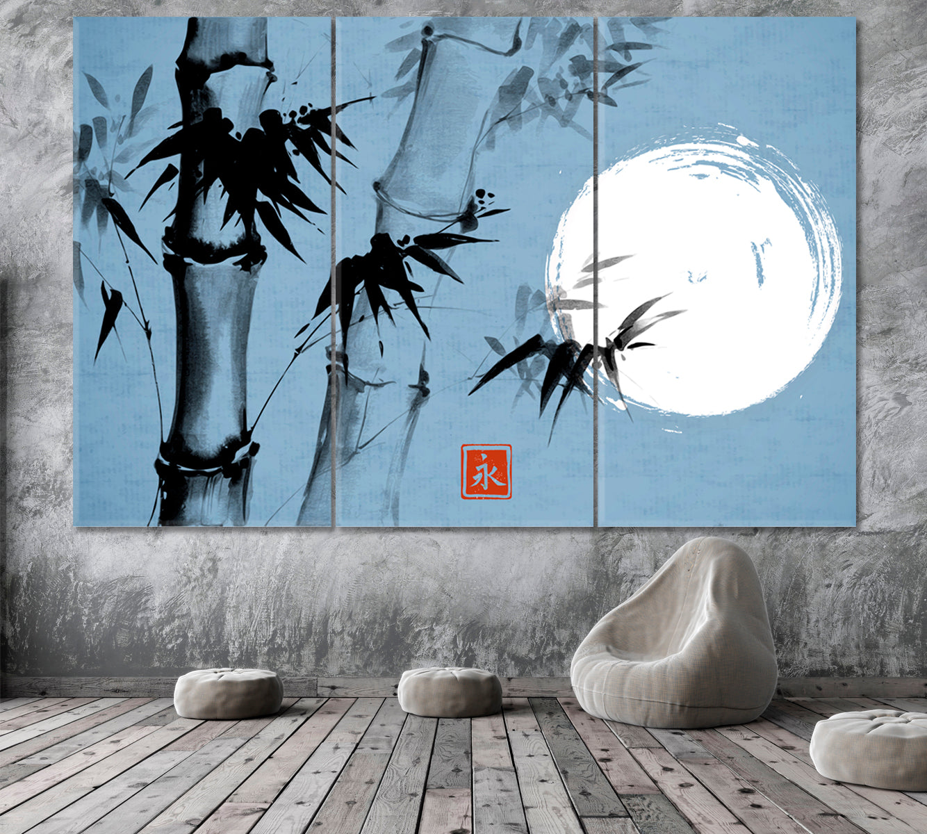 ZEN ETERNITY Bamboo Moon Traditional Japanese Sumi-e Ink Blue Asian Style Canvas Print Wall Art Artesty 3 panels 36" x 24" 