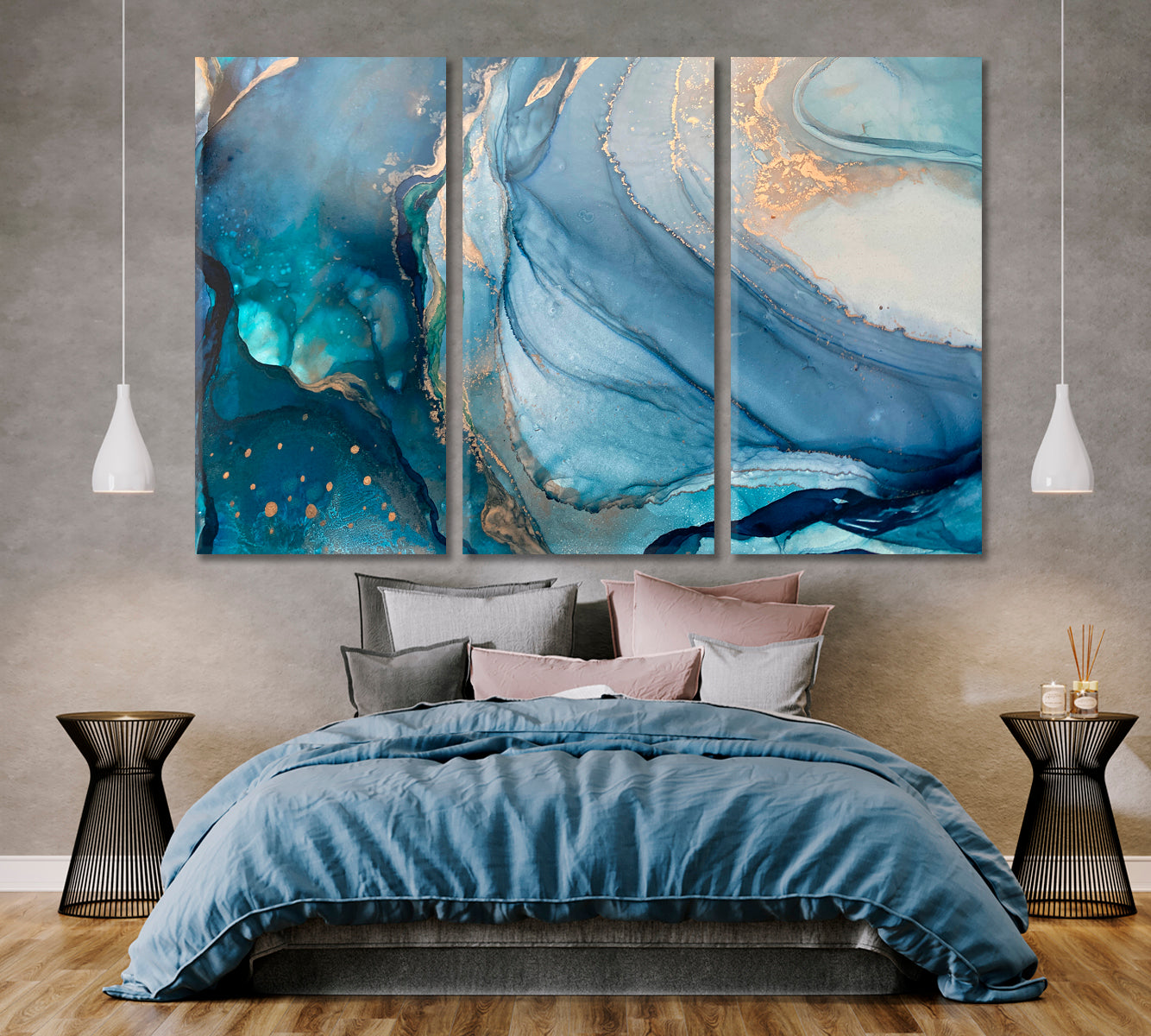 SPARKLING FLOW Abstract Blue Marble Fluid Art Turquoise Veins Fluid Art, Oriental Marbling Canvas Print Artesty 3 panels 36" x 24" 