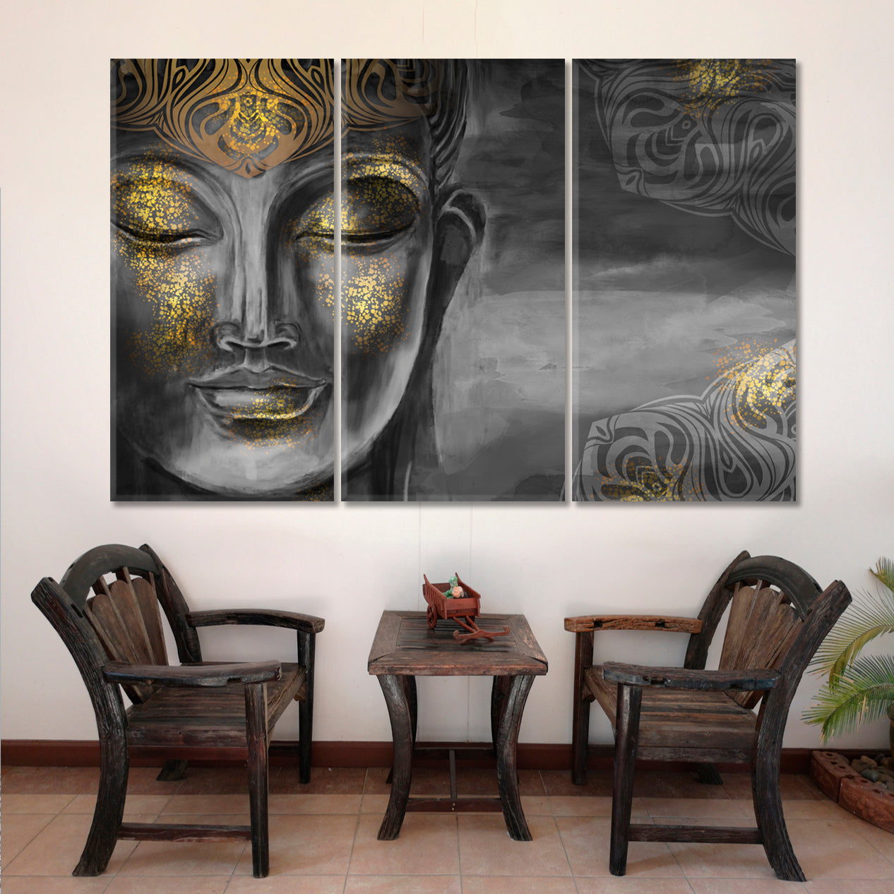 Buddha Bodhisattva Modern Grey Gold Painting Religious Modern Art Artesty   