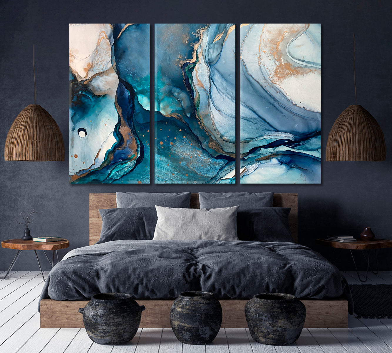 Ink Landscape Abstract Blue Marble Golden Weines Fluid Art, Oriental Marbling Canvas Print Artesty 3 panels 36" x 24" 