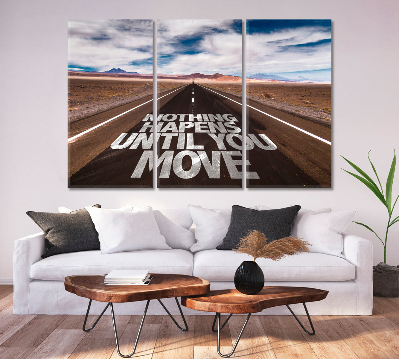 NOTHING HAPPENS UNTIL YOU MOVE  Desert Road Motivation Poster Office Wall Decor Office Wall Art Canvas Print Artesty 3 panels 36" x 24" 