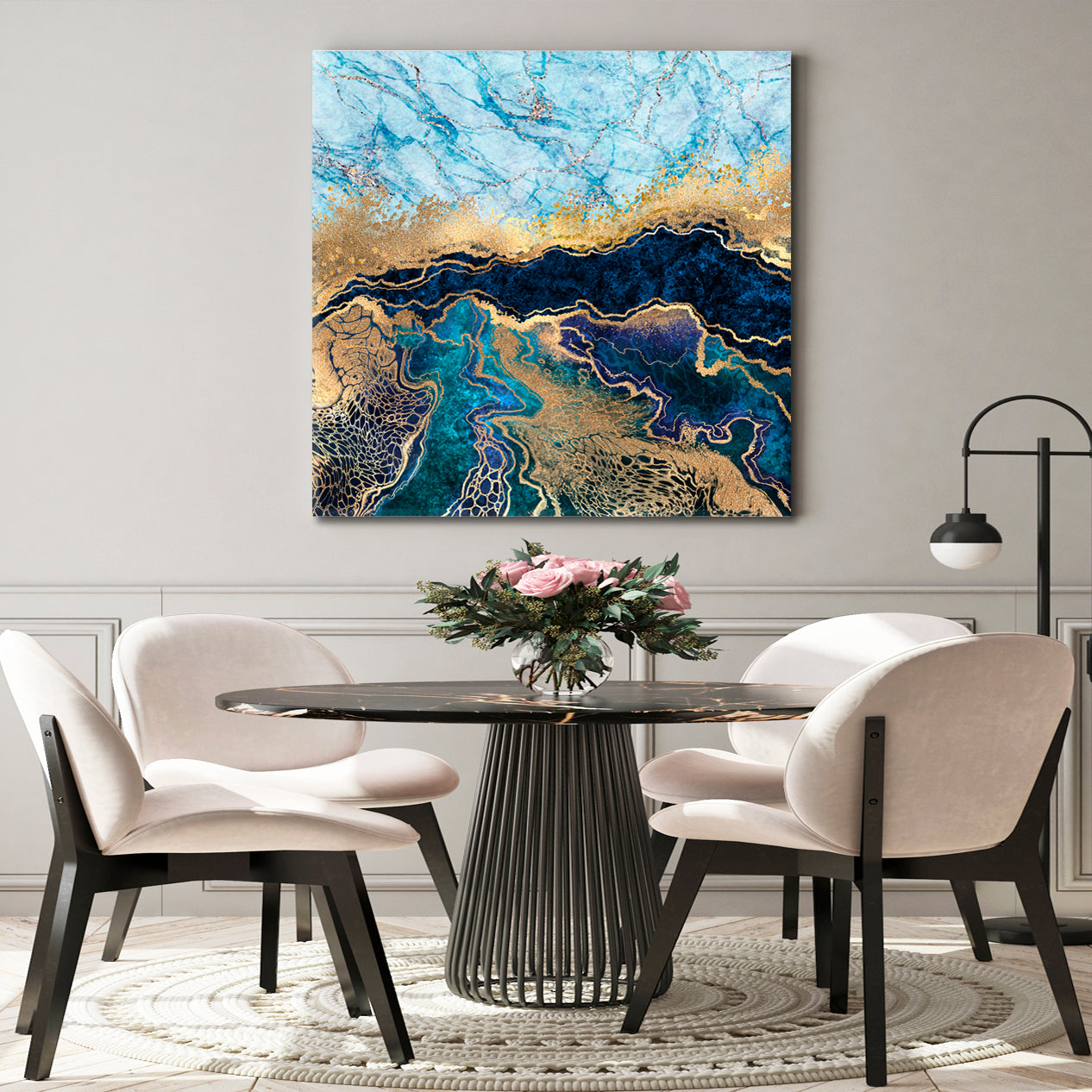 BLUE AND GOLDEN Swirls of Marble Fantastic Oriental Pattern - S Fluid Art, Oriental Marbling Canvas Print Artesty 1 Panel 12"x12" 