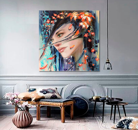 LADY AUTUMN Beautiful Fantasy Woman with Flowers and Tree Leaves Contemporary Art - Square Panel People Portrait Wall Hangings Artesty