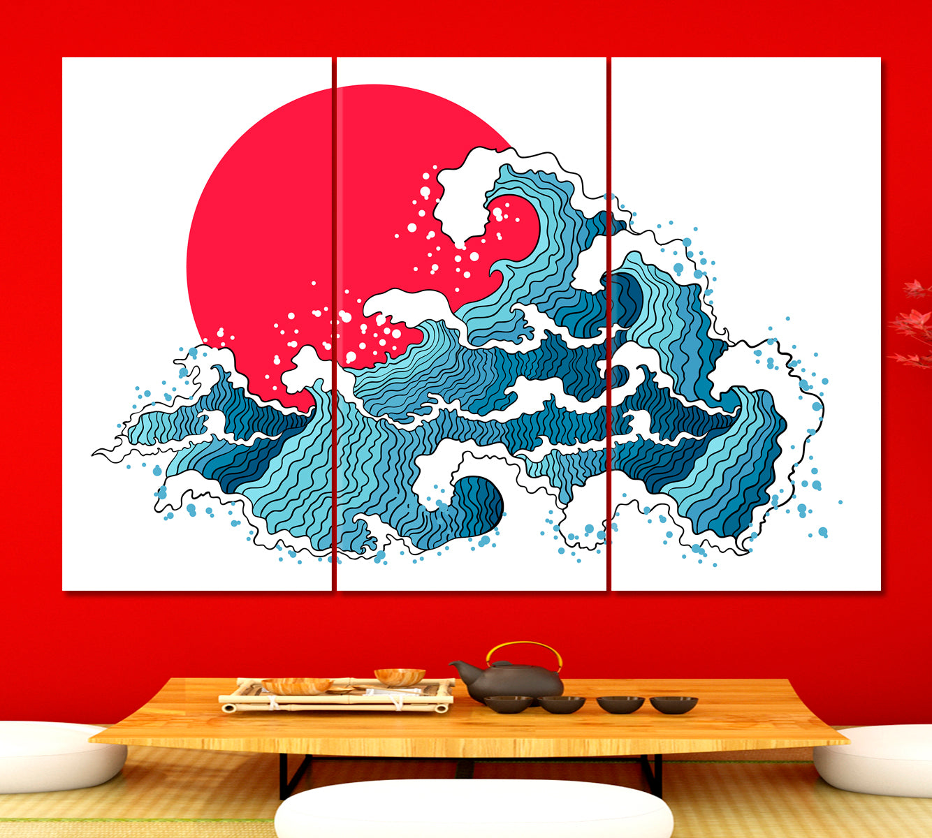 WAVE Ocean Asian Waves and Sun Japanese Canvas Print Asian Style Canvas Print Wall Art Artesty 3 panels 36" x 24" 