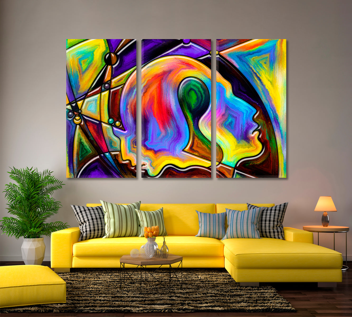 Inside Forms Being, Colorful Stained Glass Lines Contemporary Art Artesty 3 panels 36" x 24" 