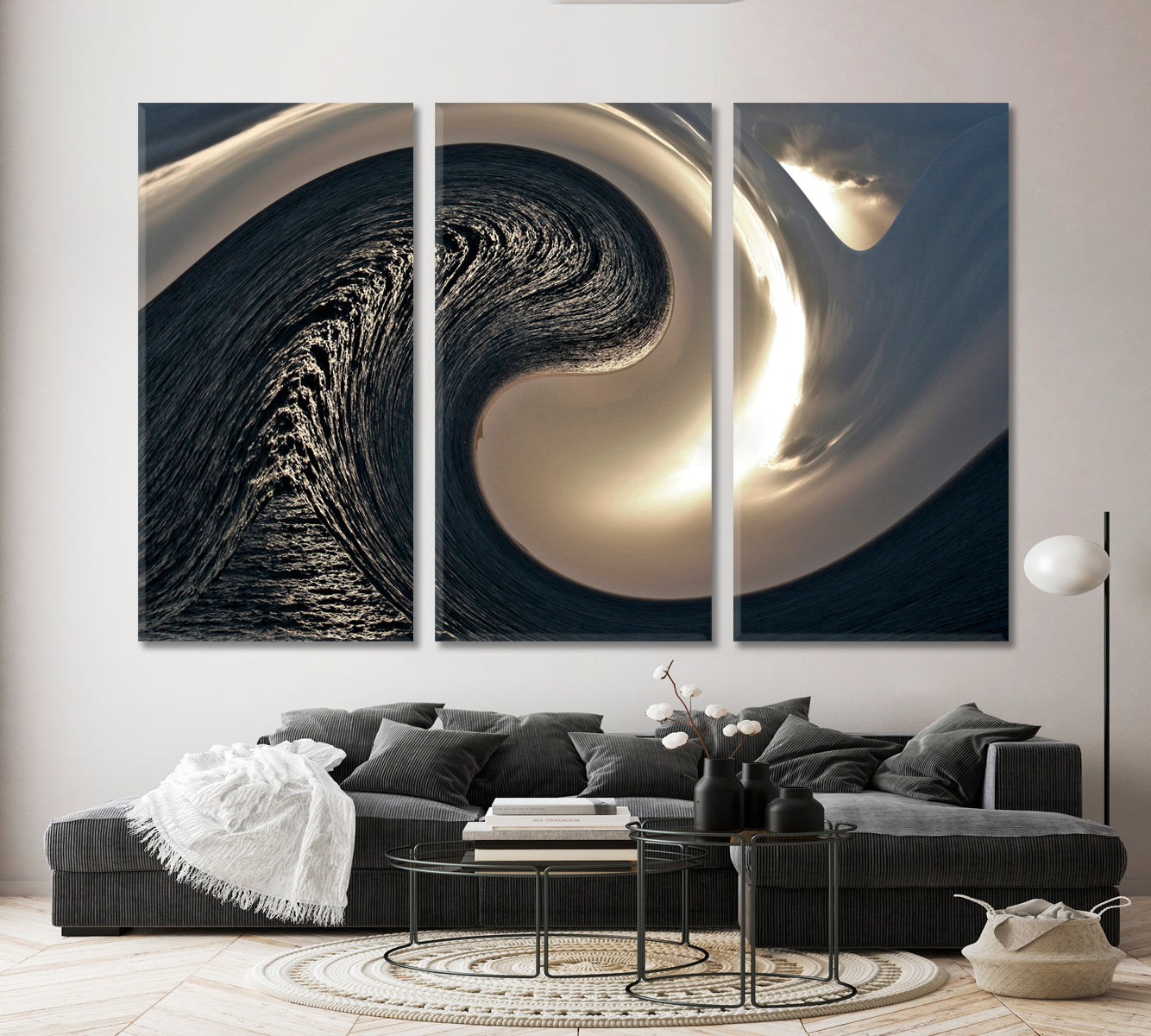 WAVE Abstract Yin Yang Symbol Abstract Art Print Artesty 3 panels 36" x 24" 