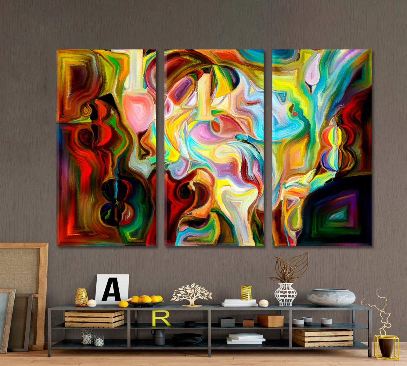 MULTIFACETED CONSCIOUSNESS Human and Numbers Abstract Art Print Artesty 3 panels 36" x 24" 