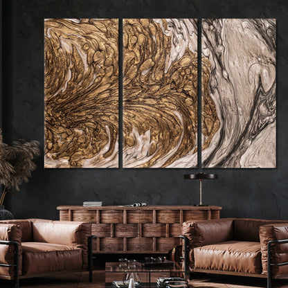 Abstract Fluid Art Marble Brown Swirls Modern Canvas Print Fluid Art, Oriental Marbling Canvas Print Artesty 3 panels 36" x 24" 