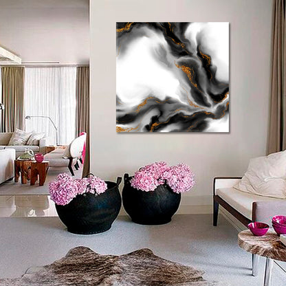 Black and White Marble Beautiful Trendy Art  - Square Panel Fluid Art, Oriental Marbling Canvas Print Artesty   