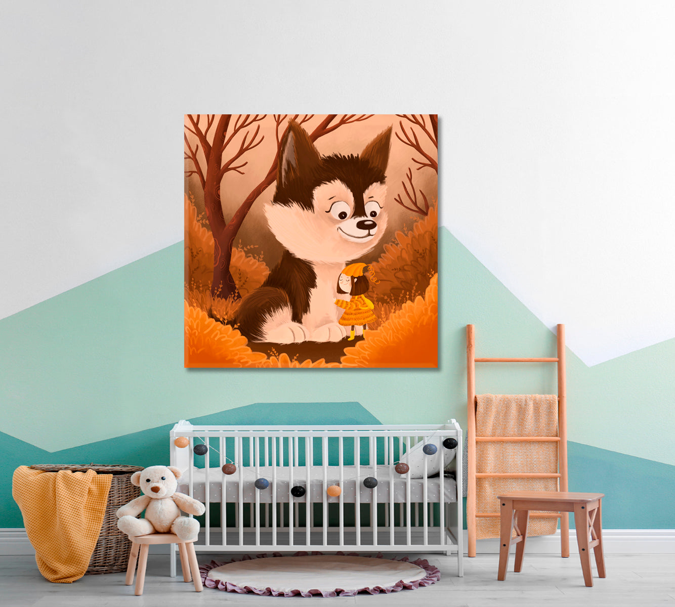 Little Girl and Cute husky Dog Kids Fairy Nursery Art Canvas Print | Square Panel Kids Room Canvas Art Print Artesty   