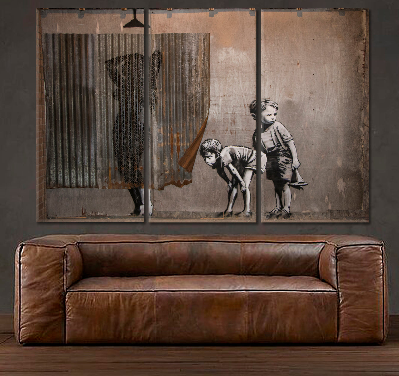 INSPIRED BY BANKSY Boys Spying on a Woman Having a Shower Street Art Canvas Print Street Art Canvas Print Artesty 3 panels 36" x 24" 