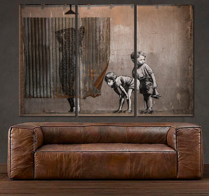 INSPIRED BY BANKSY Boys Spying on a Woman Having a Shower Street Art Canvas Print Street Art Canvas Print Artesty 3 panels 36" x 24" 