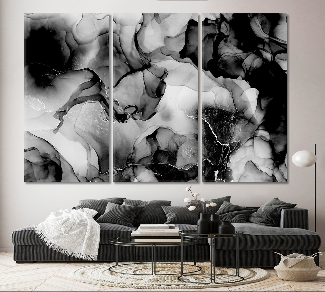 FLUID ART Black and White Abstract Marble Ink Fluid Art, Oriental Marbling Canvas Print Artesty 3 panels 36" x 24" 
