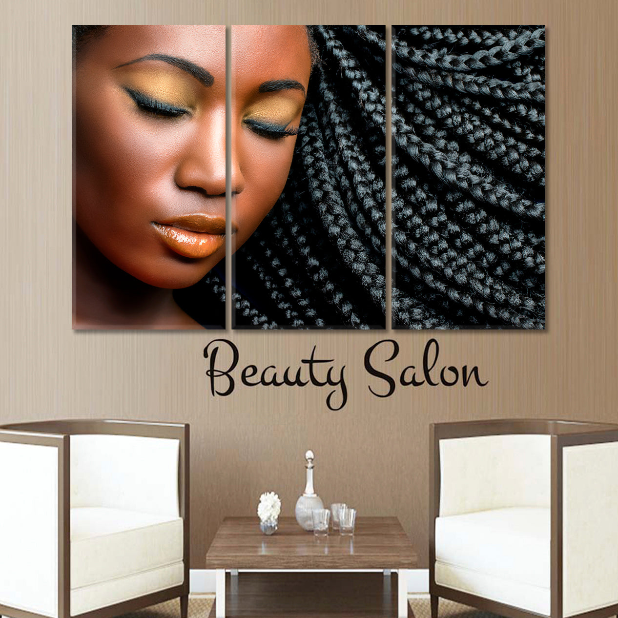 BEAUTY African Girl Professional Makeup Black Braided Hairstyle Beauty Salon Artwork Prints Artesty 3 panels 36" x 24" 