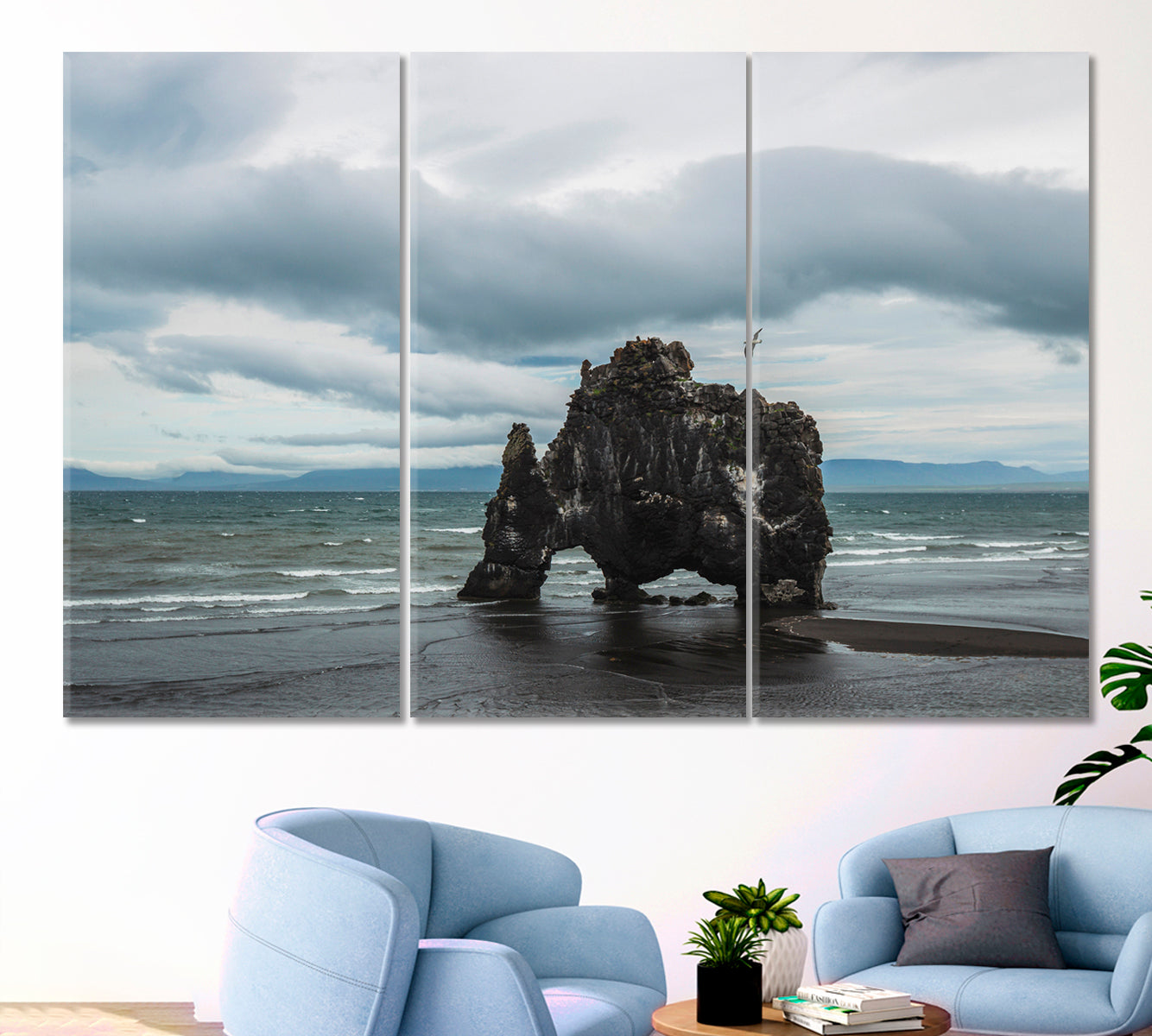 Hvitserkur Stone Rock in Mammoth Shape Vatnsnes Peninsula Iceland Hunafloi Bay Canvas Print Famous Landmarks Artwork Print Artesty 3 panels 36" x 24" 