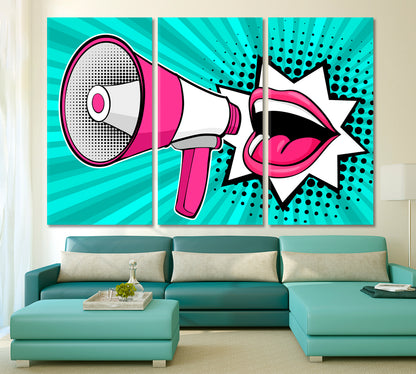 Female Mouth Megaphone Comic Retro Pop Art Style Pop Art Canvas Print Artesty 3 panels 36" x 24" 