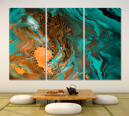 Emerald Green Marble Ink Color Pattern Creation Fluid Art, Oriental Marbling Canvas Print Artesty 3 panels 36" x 24" 