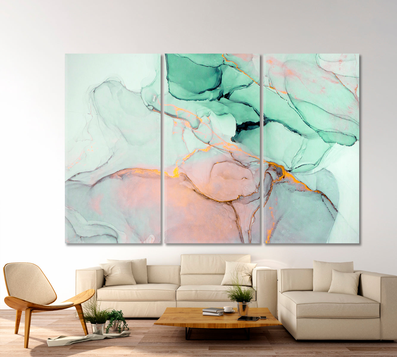 GREEN ASH Ink Colors Tender Soft Modern Marble Pattern Fluid Art, Oriental Marbling Canvas Print Artesty 3 panels 36" x 24" 